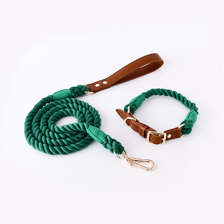 Leather & Cotton Rope Dog Collar and Leash Set
