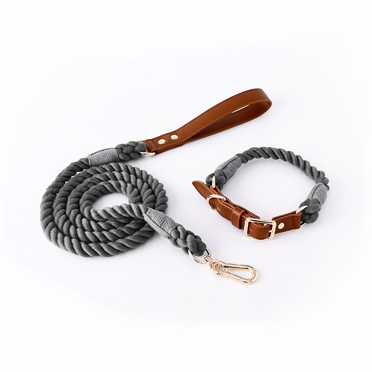 Leather & Cotton Rope Dog Collar and Leash Set